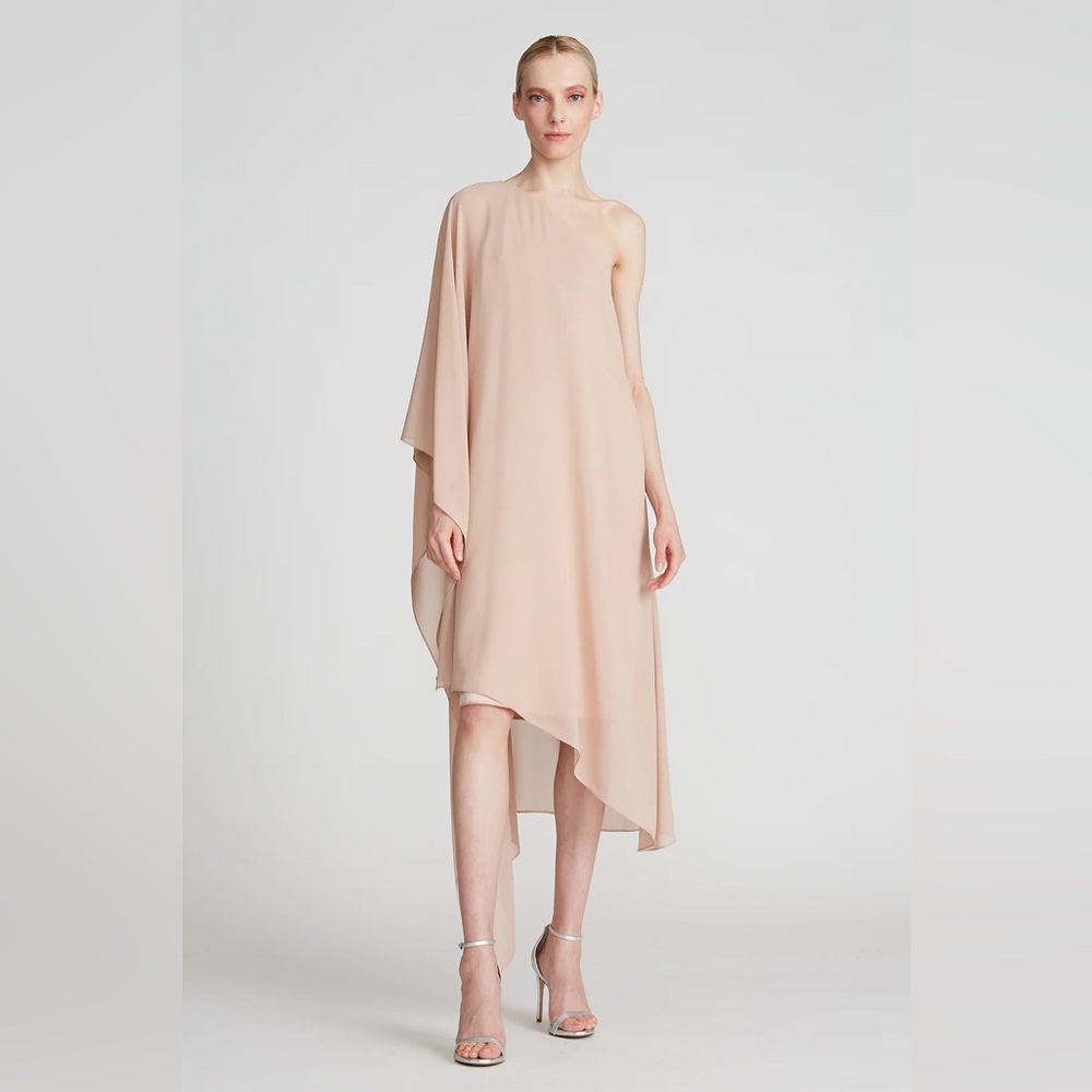 Halston Ellie Cocktail One-Shoulder Midi Dress in Blush